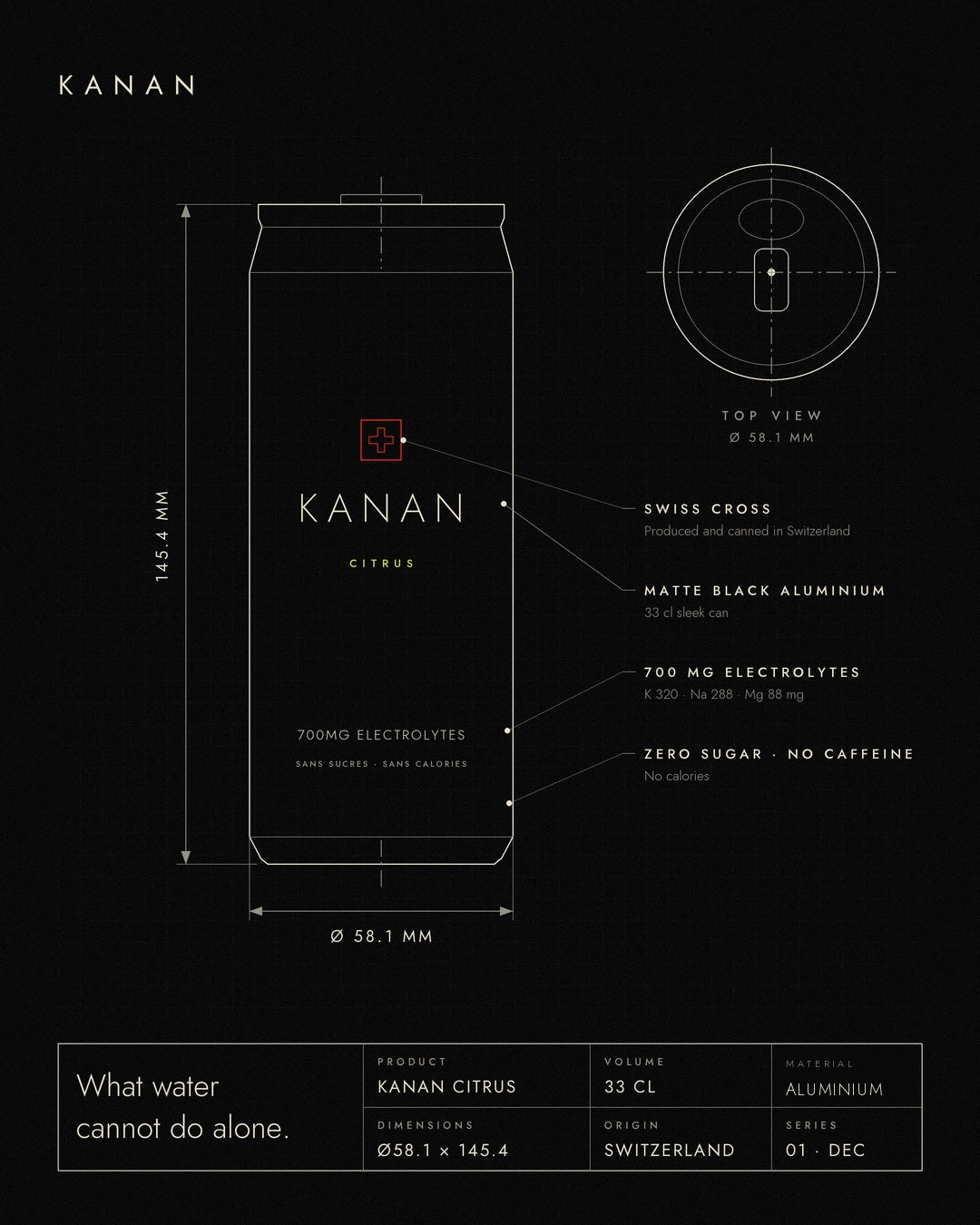 KANAN Citrus — plan technique de la canette sleek 33 cl en aluminium noir mat, produite en Suisse