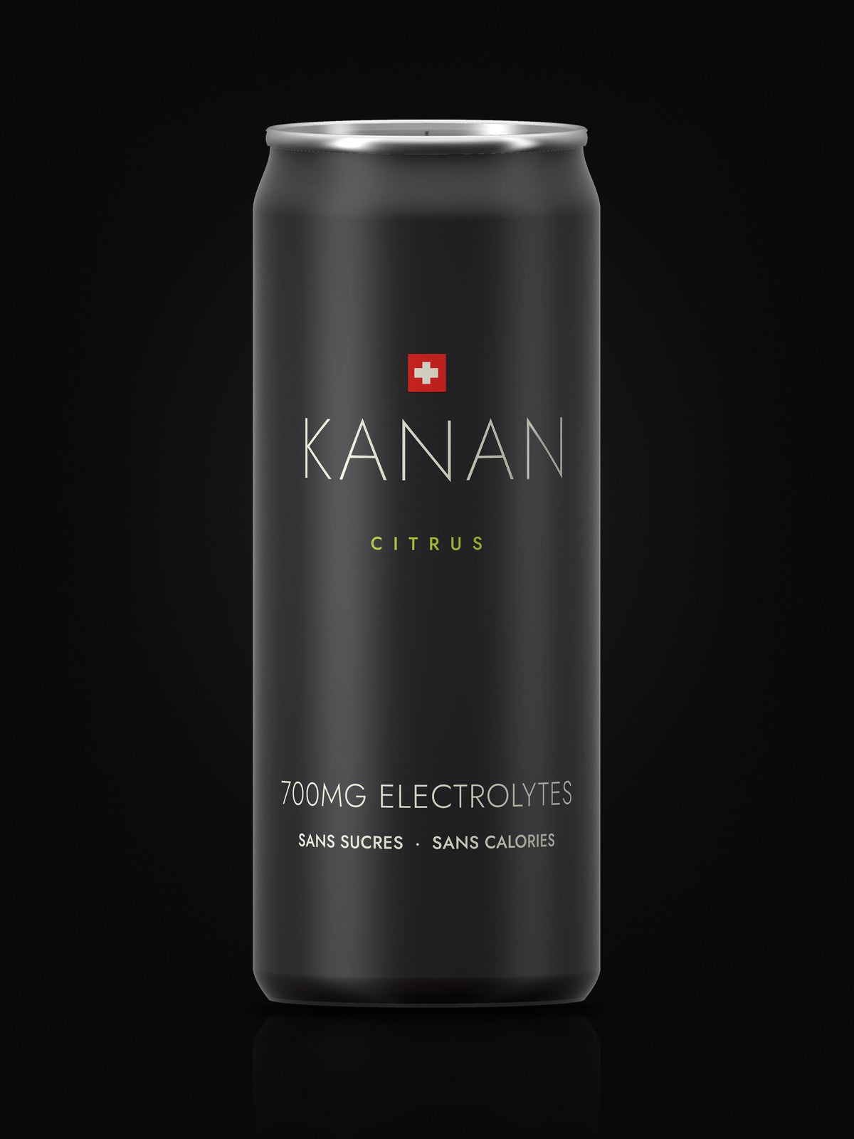 KANAN Citrus: matte black 33 cl can, Swiss hydration drink with 700 mg of electrolytes, zero sugar