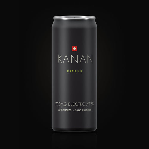 KANAN Citrus — canette noire mate de 33 cl, 700 mg d'électrolytes, zéro sucre